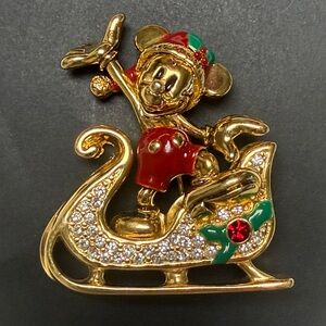 VINTAGE MICKEY MOUSE SLEIGH DISNEY NAPIER BROOCH PIN CHRISTMAS CRYSTALS